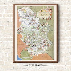 Mapa antiguo de Serbia en Europa, impresión de dibujos animados pictóricos vintage, ilustración, arte de pared, decoración, regalo, póster de viaje, mapa de aventuras