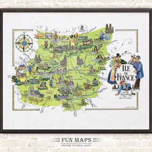 Lustige Karte von Ile de France eine französische Provinz, Frankreich, FR - Vintage bildhafte Cartoon Druck Illustration Abenteuer Geschenk