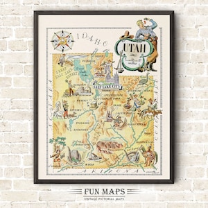 Mapa divertido del estado de Utah: ilustración vintage con dibujos animados, aventura, decoración de pared, regalo y póster.