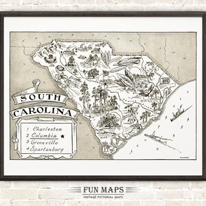 Mapa vintage del estado de Carolina del Sur: ilustración divertida, pictórica y divertida, para decorar paredes, regalos y pósteres.