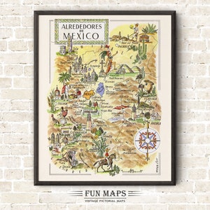 Divertente mappa del Messico America Centrale - Vintage pittorico stravagante fumetto stampa illustrazione avventura parete arte decorazione regalo poster