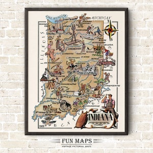 Mapa divertido del estado de Indiana: ilustración vintage con dibujos animados, aventura, decoración de pared, regalo y póster.