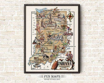 Carte amusante de l'État de l'Indiana - illustration vintage d'impression de dessin animé fantaisiste pictural des années 1940 par Liozu | Art mural décoratif | Cadeau | Affiche