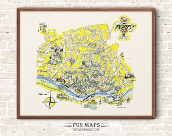 Fun Map of Porto Streets in Portugal Vintage Pictorial Whimsical Cartoon Old Print Illustration Wall Art Gift Travel Poster Adventure Map