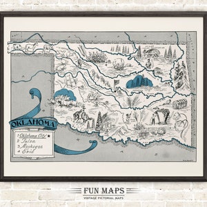 Mapa divertido de Oklahoma: ilustración vintage de dibujos animados de Johst, decoración de pared, póster de regalo