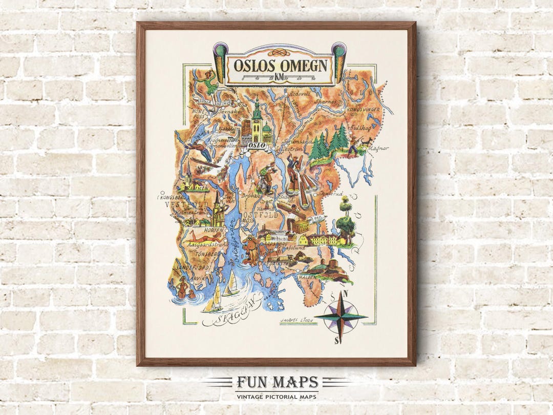 Fun Map of Norway South Oslo Area Vintage Pictorial Whimsical