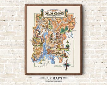 Fun Map of Norway South Oslo Area Vintage Pictorial Whimsical Print Illustration Scandinavian Wall Art Travel Poster Nordic Adventure Map