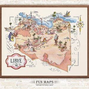 Mapa divertido de Libia en el norte de África, dibujo animado antiguo, ilustración, arte mural africano, regalo, póster de viaje, aventura.