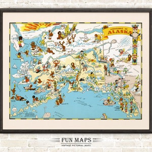 Carte d'état amusante de l'Alaska – illustration vintage d'impression de dessin animé lunatique pictural | Aventure | Poster cadeau déco murale