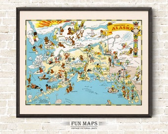 Fun State Map of Alaska – Vintage Pictorial Whimsical Cartoon Print Illustration from 1930’s by Ruth Taylor Wall Art Décor Gift Poster