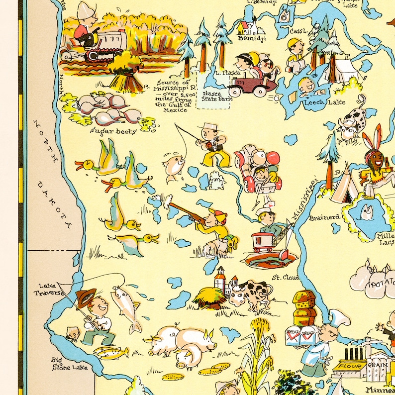 Fun State Map of Minnesota – Vintage Pictorial Whimsical Cartoon Print ...