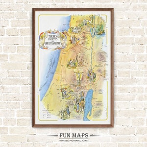 Alte Karte des Heiligen Landes im Nahen Osten, Vintage Bildkarikatur Druck Illustration, Wand Kunst Dekor Geschenk Reise Poster