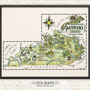 Mapa divertido del estado de Kentucky: ilustración vintage con dibujos animados, aventura, decoración de pared, regalo y póster.