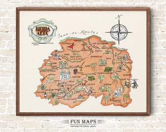 Fun Map of Beira Alta in Portugal Vintage Pictorial Whimsical Cartoon Old Print Illustration Spanish Wall Art Gift Travel Poster Adventure
