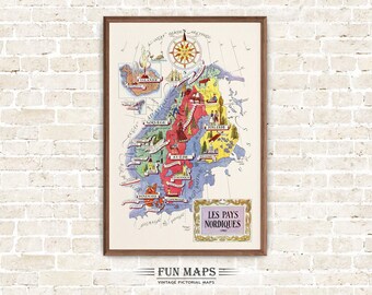 Fun Map of The Nordic Countries Vintage Pictorial Whimsical Cartoon Print Illustration Scandinavian Wall Art Travel Poster Adventure Map