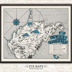 Mapa divertido de Virginia Occidental: Ilustración vintage con dibujos animados de Johst, decoración de pared, póster de regalo