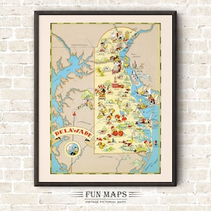Mapa divertido del estado de Delaware: ilustración vintage con dibujos animados, aventura, decoración de pared, póster de regalo