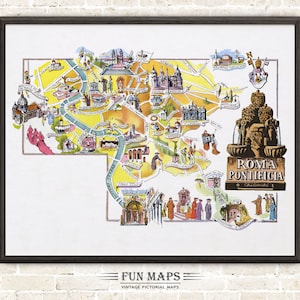 Mapa divertido de Roma en Italia, dibujo animado antiguo, ilustración, arte mural italiano, regalo, póster de viaje, mapa de aventuras