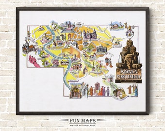 Fun Map of Rome in Italy Vintage Pictorial Whimsical Cartoon Old Print Illustration Italian Wall Art Gift Travel Poster Adventure Map