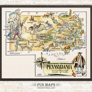 Mapa divertido del estado de Pensilvania: ilustración vintage con dibujos animados, aventura, decoración de pared, regalo y póster.