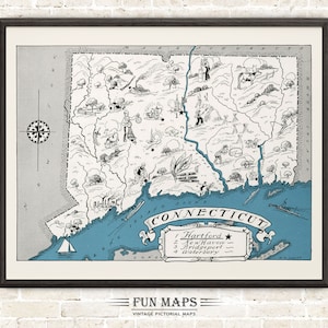 Mapa divertido de Connecticut: Ilustración vintage de dibujos animados de Johst, decoración de pared, póster de regalo