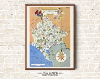 Old Map of Montenegro Vintage Pictorial Whimsical Cartoon Print Illustration by Liozu Wall Art Décor Gift Travel Poster Adventure Map Europe