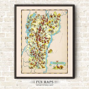 Mapa divertido del estado de Vermont: ilustración vintage con dibujos animados, aventura, decoración de pared, póster de regalo