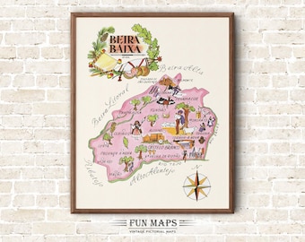 Fun Map of Beira Baixa in Portugal Vintage Pictorial Whimsical Cartoon Old Print Illustration Spanish Wall Art Gift Travel Poster Adventure