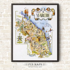 Mapa divertido de Marcas en Italia, dibujo animado antiguo, ilustración, arte mural italiano, regalo, póster de viaje, mapa de aventuras