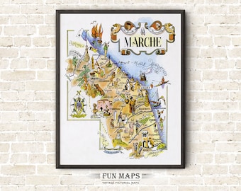 Fun Map of Marche in Italy Vintage Pictorial Whimsical Cartoon Old Print Illustration Italian Wall Art Gift Travel Poster Adventure Map