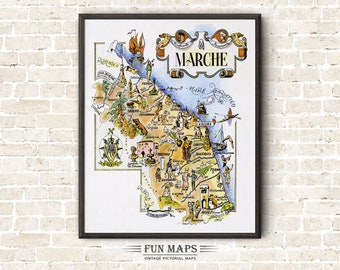 Fun Map of Marche in Italy Vintage Pictorial Whimsical Cartoon Old Print Illustration Italian Wall Art Gift Travel Poster Adventure Map