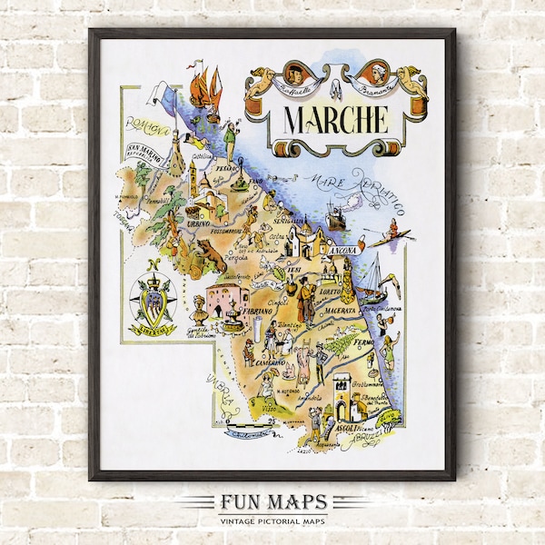 Fun Map of Marche in Italy Vintage Pictorial Whimsical Cartoon Old Print Illustration Italian Wall Art Gift Travel Poster Adventure Map