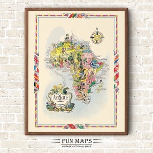 Mapa divertido de África, vintage, pictórico, caprichoso, caricatura, impresión antigua, ilustración, regalo, arte de pared, regalo, póster de viaje, mapa de aventuras, geografía