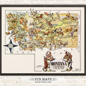 Mapa divertido del estado de Montana: ilustración vintage con dibujos animados, aventura, decoración de pared, regalo y póster.