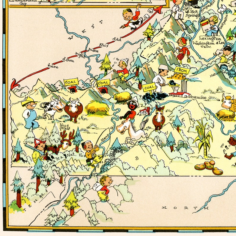 Fun State Map of Virginia – Vintage Pictorial Whimsical Cartoon Print ...