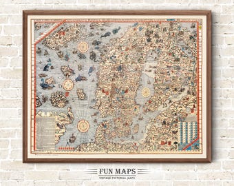 Old Map of Scandinavia Vintage Pictorial Whimsical Print Illustration Wall Art Travel Poster Adventure Map of The Nordic Countries