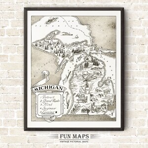Mapa vintage del estado de Michigan: divertida ilustración pictórica con dibujos animados, aventura, decoración de pared, regalo y póster.