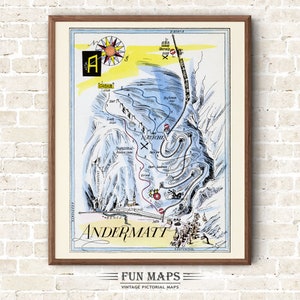Fun Ski Run Run Karte von Andermatt in den Schweizer Alpen, Schweiz, Vintage bildliche Cartoon Druck Illustration, Wand Kunst Dekor Geschenk