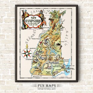 Mapa divertido del estado de New Hampshire: ilustración vintage con dibujos animados, aventura, decoración de pared, regalo o póster.