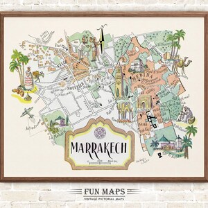 Mapa divertido de Marrakech, África del Norte, vintage, pictórico, caprichoso, caricatura, impresión antigua, ilustración, arte mural africano, regalo, póster de viaje, aventura