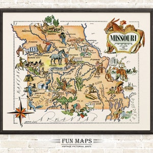 Mapa divertido del estado de Misuri: ilustración vintage con dibujos animados, aventura, decoración de pared, regalo y póster.