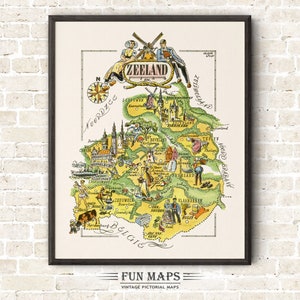 Carte amusante de la Zélande aux Pays-Bas, illustration vintage d'impression fantaisiste picturale hollandaise | Aventure | Art mural décoratif | Cadeau