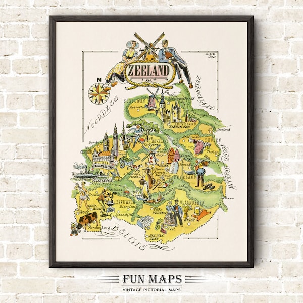 Fun Map of Zeeland in The Netherlands, Holland Vintage Pictorial Whimsical Print Illustration from 1940’s by Liozu | Wall Art Décor | Gift