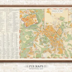 Old Map of Jerusalem in the Middle East, Vintage Pictorial Colorful Print Illustration Wall Art Décor Gift Travel Poster Holy Land Adventure