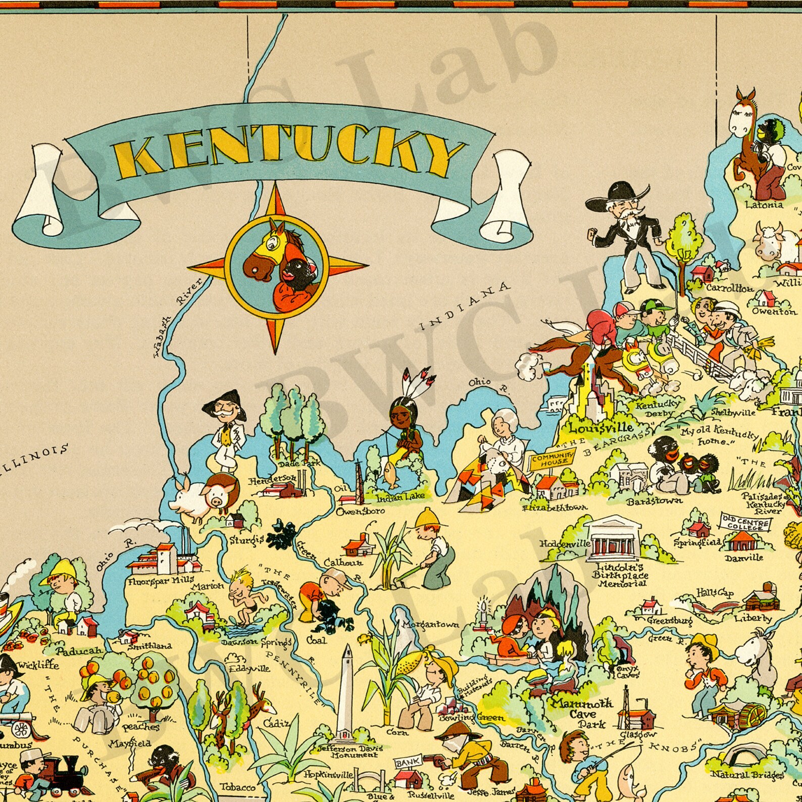 Pictorial Map of Kentucky colorful fun illustration of | Etsy