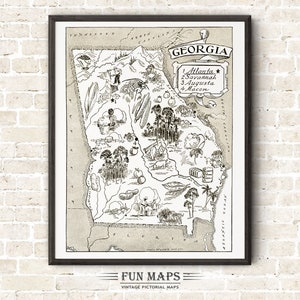 Mapa vintage del estado de Georgia: divertida ilustración pictórica y divertida, ideal para decorar paredes, regalos y pósteres.