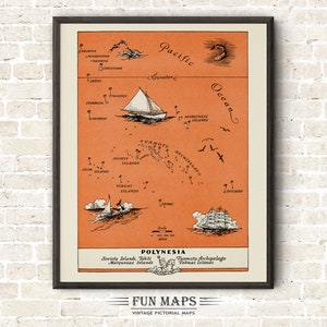 Karte von Inseln in Polynesien - Vintage bildliche animierte Cartoon Illustration Geographie Wand Kunst Dekor Geschenk Poster