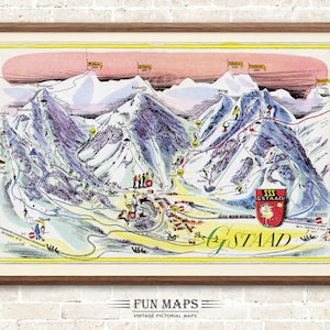 Fun Ski Run Lane Karte von Gstaad in den Schweizer Alpen, Schweiz, Vintage Bildkarikatur alte Druck Illustration, Wand Kunst Dekor Geschenk