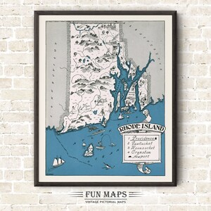 Mapa divertido de Rhode Island: ilustración vintage con dibujos animados de Johst, decoración de pared, póster de regalo
