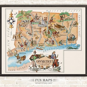 Mapa divertido del estado de Connecticut: ilustración vintage con dibujos animados, aventura, decoración de pared, regalo y póster.